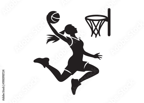 women's basketball dunking logo silhouette vector, basketball logo silhouette vector illustration, sport basketball logo vector, basketball player dunking logo vector silhouette on white background