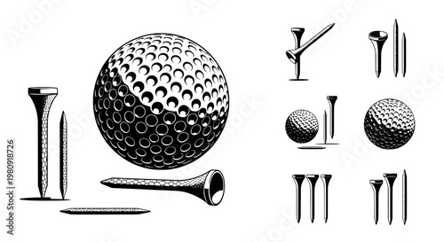 Golf ball and tees icon set with club swing element on white background, minimalist vector style for sports graphics