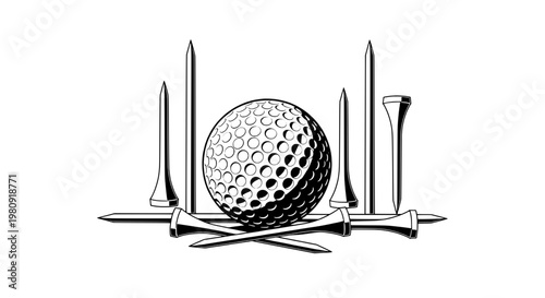 Golf ball surrounded by tees with detailed dimples and texture featuring sports, golfing, black and white with line art and illustration elements for