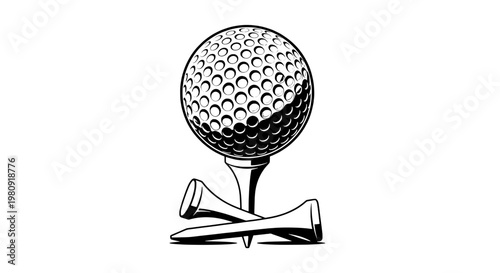 Golf ball on tee with club and swing motion line art icon for sports training, championship, and leisure design