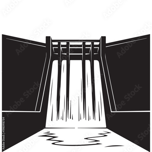 Minimalist black and white vector illustration of a hydroelectric dam with water flowing through spillways for renewable energy concept