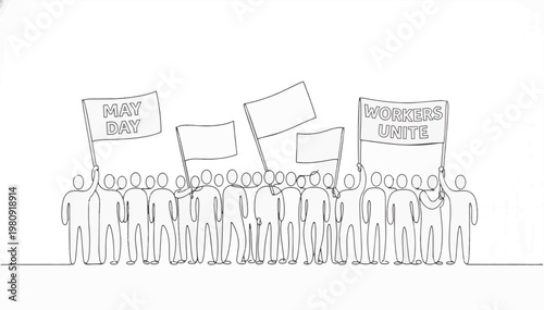 May Day protest crowd with banners continuous line art. Workers unite rally minimalist vector illustration isolated on transparent background