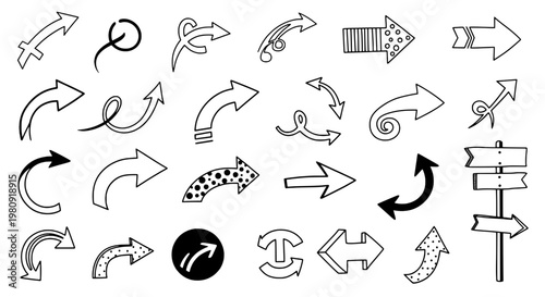 Arrows hand drawn vector set with curved swooshes, loops, zigzag tips, and circular motion symbols for navigation icons