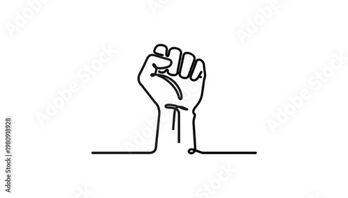 Stylized raised fist continuous line art. Minimalist vector illustration of solidarity and power. Workers rights icon isolated on transparent background