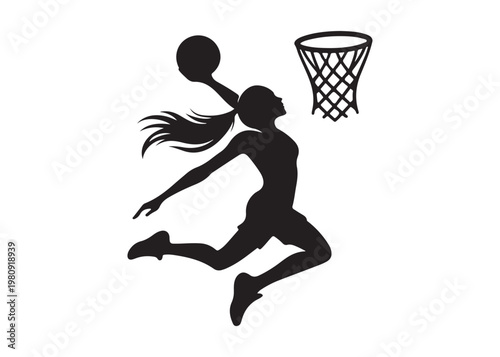 women's basketball dunking logo silhouette vector, basketball logo silhouette vector illustration, sport basketball logo vector, basketball player dunking logo vector silhouette on white background