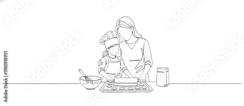 Mother and daughter baking cookies continuous line art illustration. Minimalist single line drawing of family cooking together in the kitchen. Vector graphic isolated on transparent background