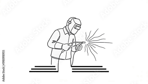 Welder working with sparks flying continuous line art. Minimalist single line industrial illustration. Vector graphic isolated on transparent background