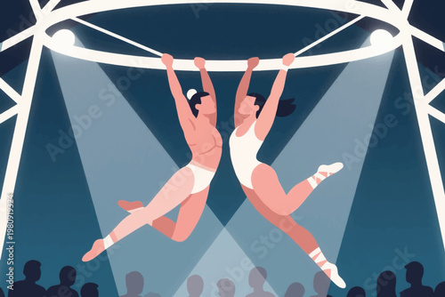 Two acrobats performing trapeze act midair under bright spotlights with audience below, vector illustration.