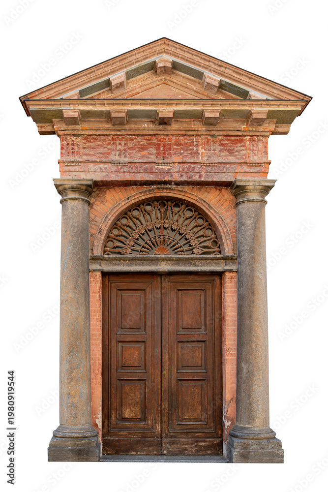 Fototapeta premium Portal in classical architectural style, featuring upper triangular pediment supported by Doric columns, isolated on white with clipping path