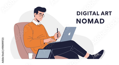 Digital Art Nomad Working Remotely with Laptop and Tablet