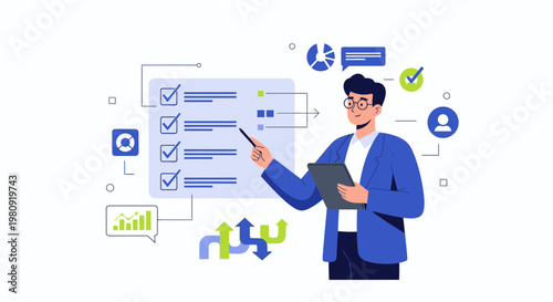 Business analyst presenting checklist and data analysis with charts and arrows