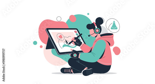Digital artist drawing on tablet, creative process, illustration, graphic design, modern art