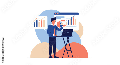 Business Analyst Presenting Financial Data with Charts and Laptop