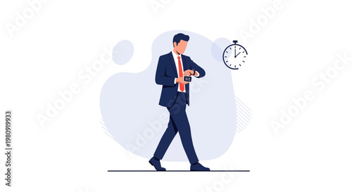 Businessman checking watch while walking, time management concept, clock icon