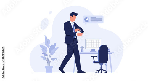 Businessman checking watch and phone in modern office, notification alert