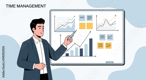 Businessman presenting time management strategy with charts on whiteboard
