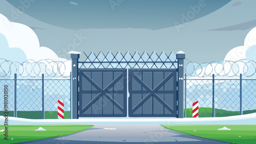 Prison Gate Entrance Scene Vector Illustration of