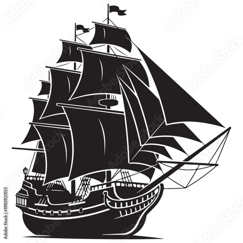 Vintage sailing ship silhouette vector illustration of a majestic galleon with full sails for maritime branding and nautical design
