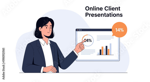 Businesswoman presenting online client data with charts and percentages