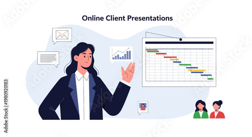 Businesswoman presenting online client presentations with charts and Gantt chart