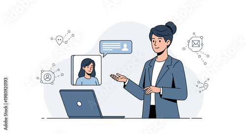 Businesswoman using laptop for online communication and networking, virtual meeting concept