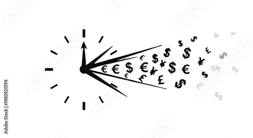 Time is money concept with clock and currency symbols