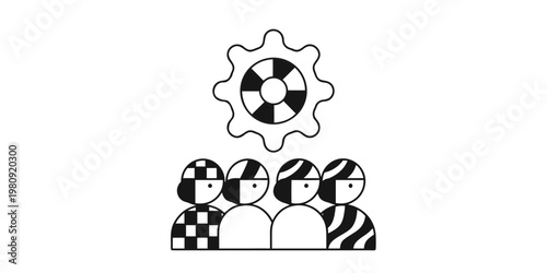 Teamwork and innovation icon: A simple illustration of a team working together to achieve a shared goal, with the gear at the top as the focus. 