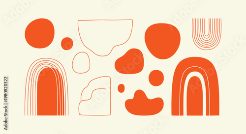 Abstract organic shapes and minimalist boho geometric elements in orange on cream background vector
