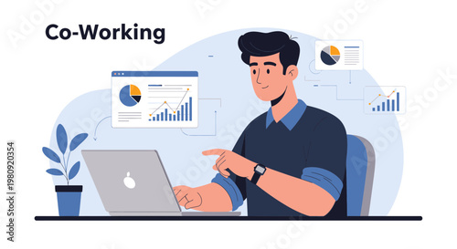 Co-Working Space: Man Working on Laptop with Business Analytics Charts