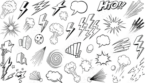 Line speed cartoon effect, boom explosive motion line element set. Comic boom burst, explosive smoke, line speed cartoon vector icon. Hand drawn sketch doodle action effect. Vector ... See More.eps