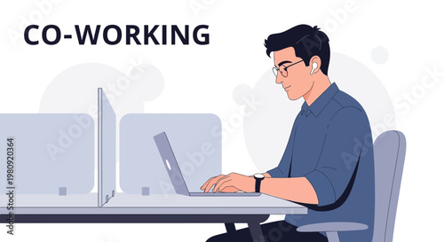 Co-working space: man working on laptop, modern office, remote work concept