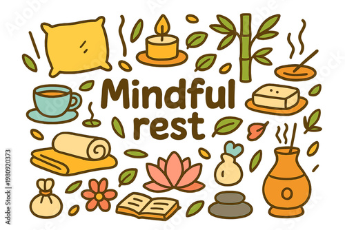 Mindful Rest Doodle. Mindful rest. Hand-drawn doodle illustration of mindful rest. Pillow, candle, teacup,