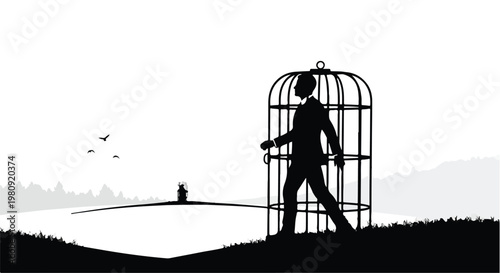 man walking out of birdcage freedom concept