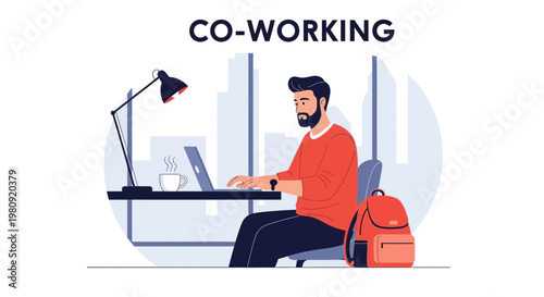 Co-working space: man working on laptop, modern office, remote work concept