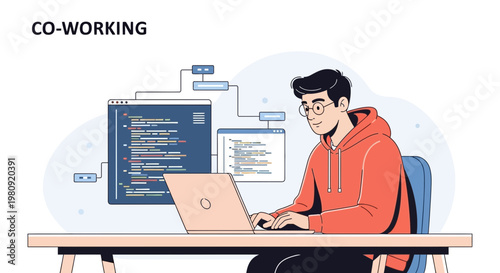 Co-working space: programmer coding on laptop, software development, teamwork concept