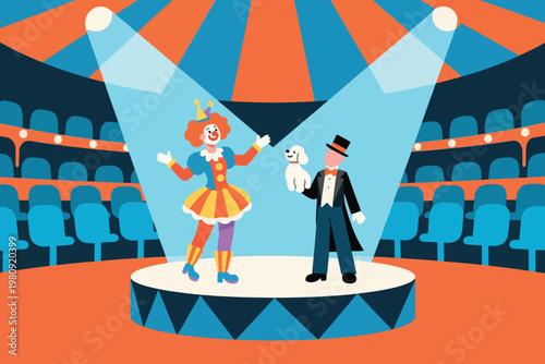 Clown and tuxedo performer with small dog on circus stage under spotlights and festive striped tent, vector illustration.