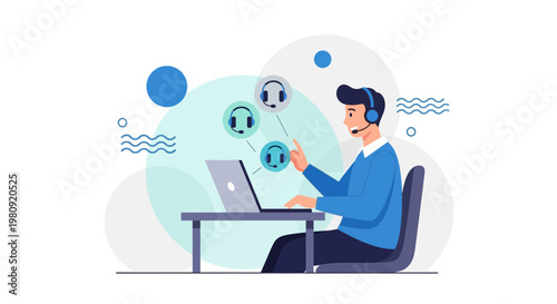 Customer service agent with headset interacting with avatars on laptop screen