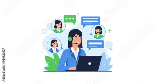 Customer service agent with headset and laptop, communicating with clients online