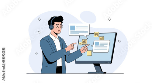 Customer service agent with headset pointing at computer screen with chat bubbles and sticky notes