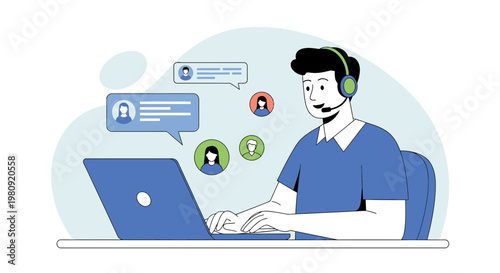 Customer service agent with headset working on laptop, communicating with clients online