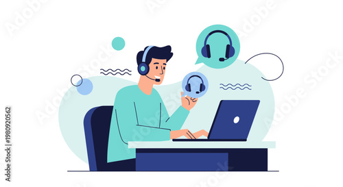 Customer service agent with headset working on laptop, support icon, flat design