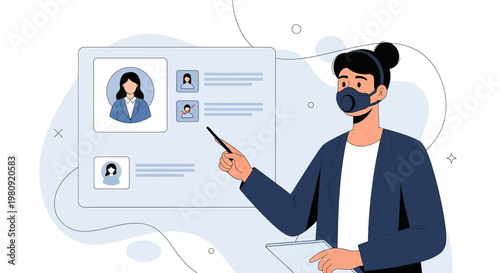 Customer service agent with mask pointing at profile list on screen