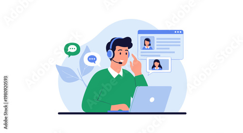 Customer service representative with headset and laptop, online communication concept