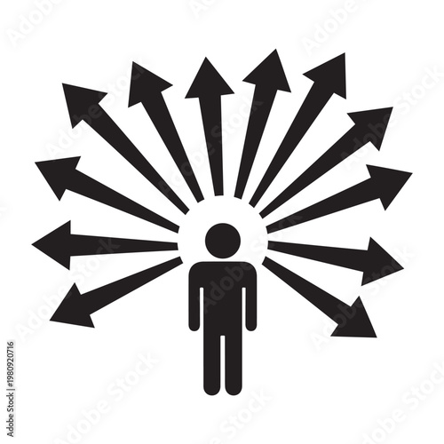 Silhouette of a person with many arrows emanating outwards symbolizing diverse opportunities or paths directions decision opportunity strategy