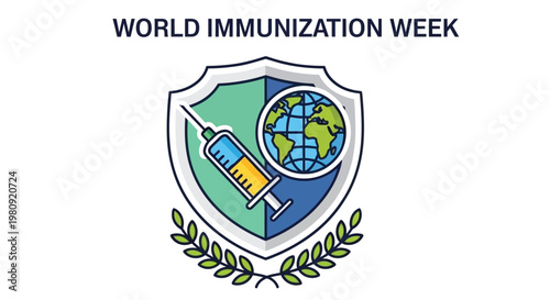 World immunization week emblem a shield with a syringe globe and laurel wreath