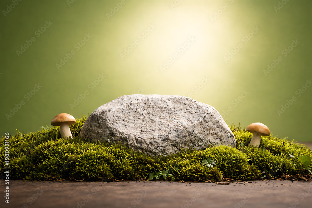 Obraz premium A mossy stone with small mushrooms in a sunlit forest