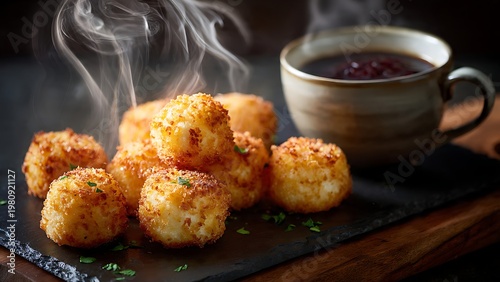 Steaming hot fried cheese balls with dark sauce on slate plate