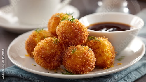 Crispy deep fried food balls with dipping sauce and fresh dill garnish