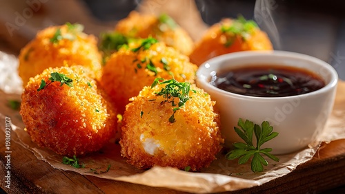 Golden deep fried savory bites with dipping sauce and fresh parsley