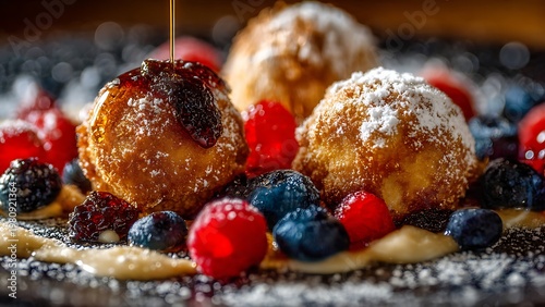 Warm mini pancakes with berries and drizzled syrup